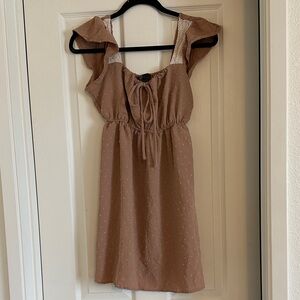 Elegant Tan Ruffle Sleeve Mini Dress